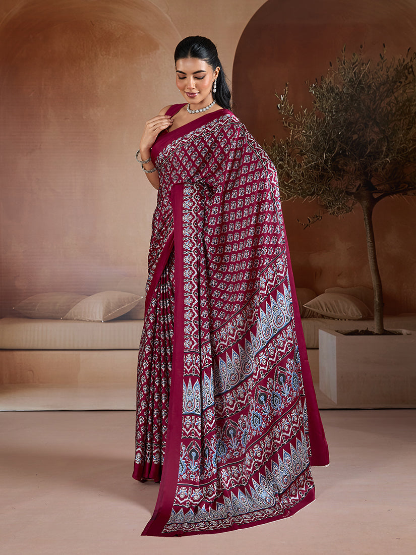 Maroon Satin Saree with Ajrakh Hand Block Print