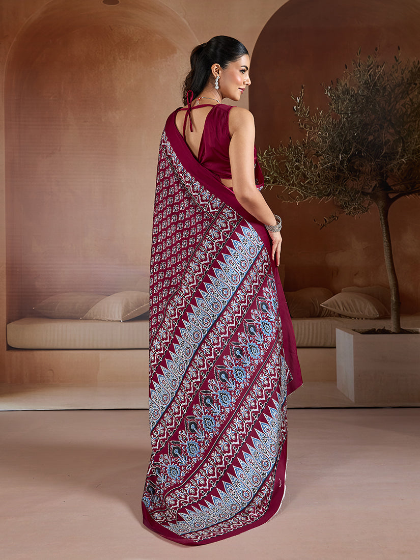 Maroon Satin Saree with Ajrakh Hand Block Print