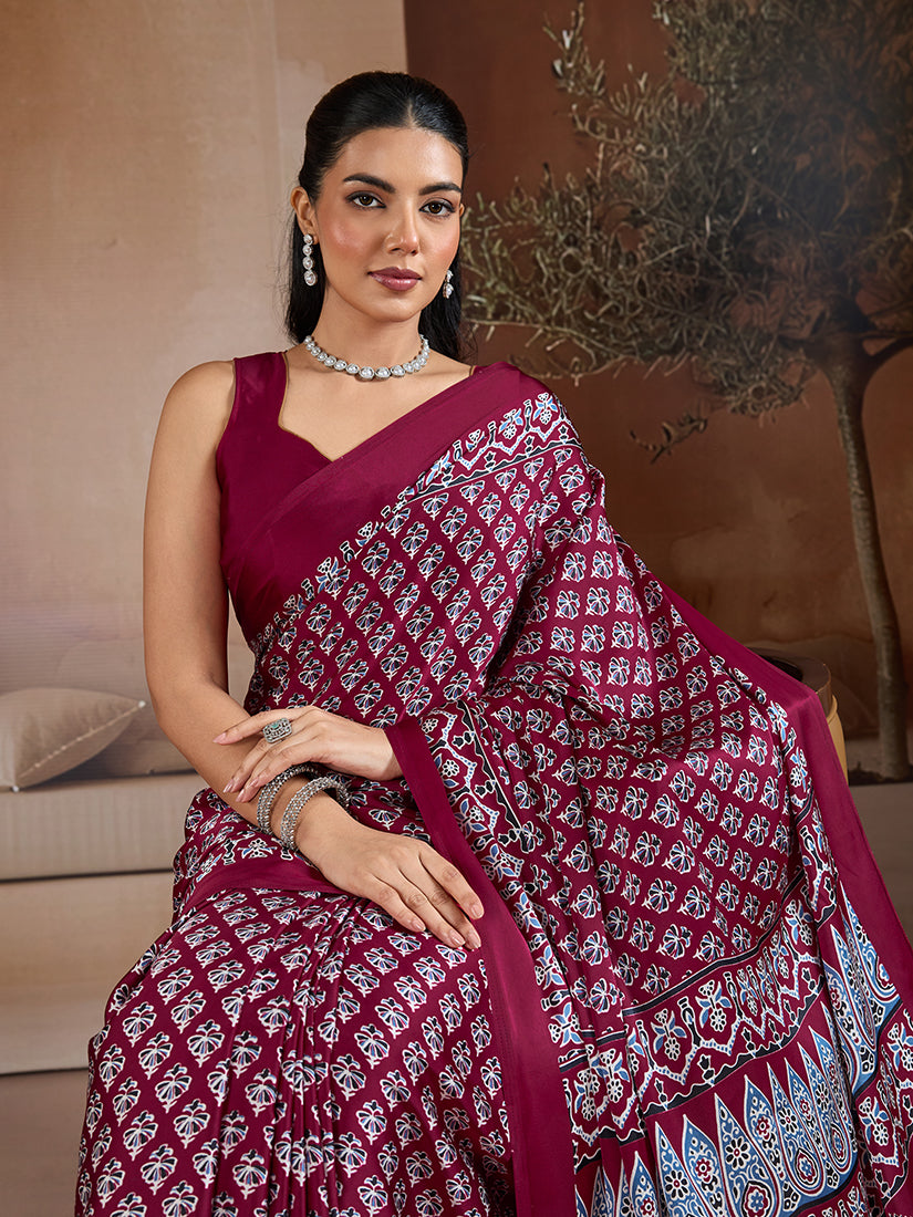 Maroon Satin Saree with Ajrakh Hand Block Print
