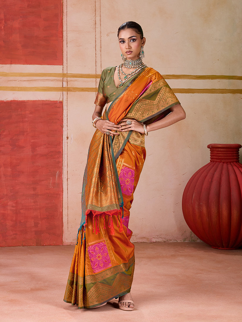 Orange Silk Blend Traditional Saree with Woven Work