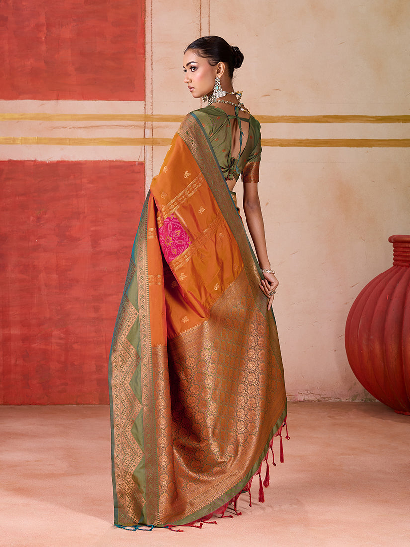Orange Silk Blend Traditional Saree with Woven Work