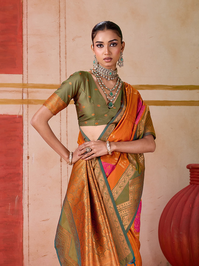 Orange Silk Blend Traditional Saree with Woven Work