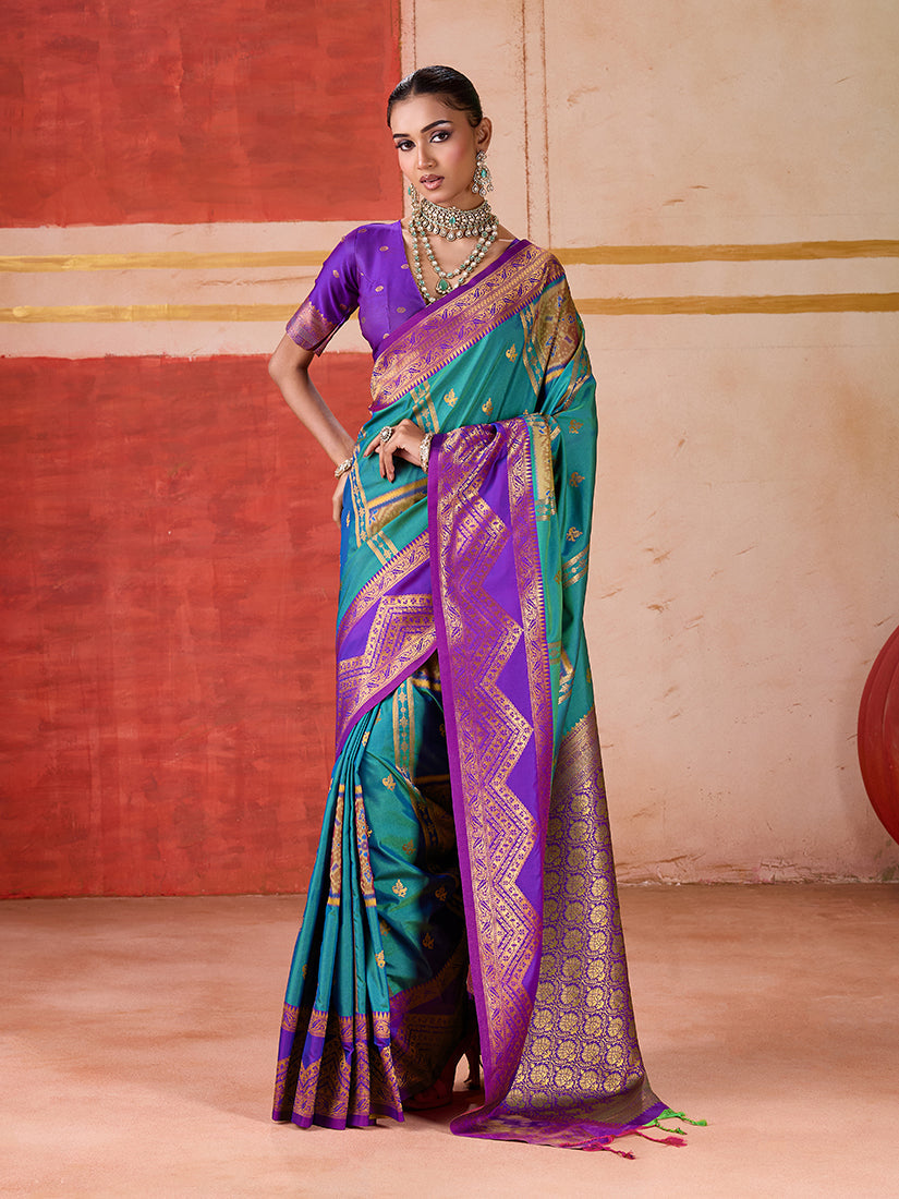 Teal silk blend traditional saree with intricate woven decorative work