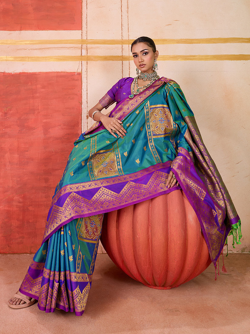 Teal Silk Blend Woven Traditional Saree with Elegant Drape