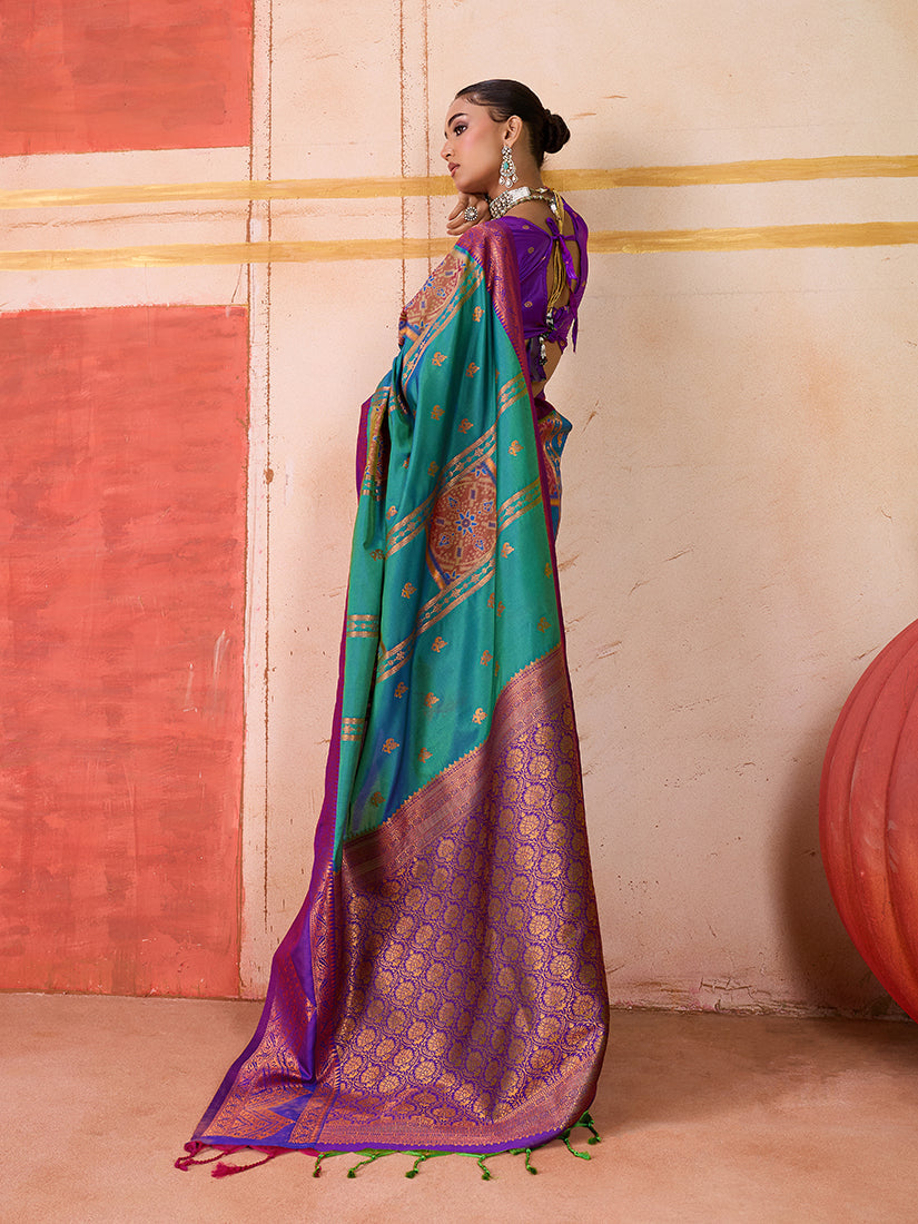 Teal Silk Blend Woven Traditional Saree with Elegant Drape