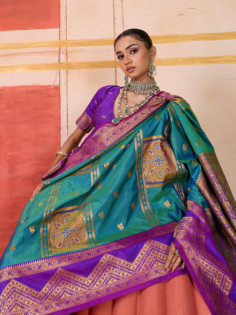 Teal Silk Blend Woven Traditional Saree with Elegant Drape