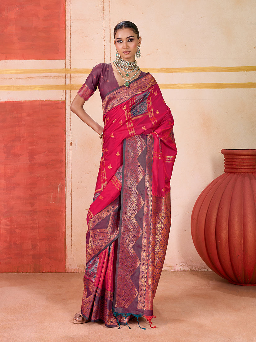 Rani Pink Handloom Silk Blend Woven Saree for Traditional Events