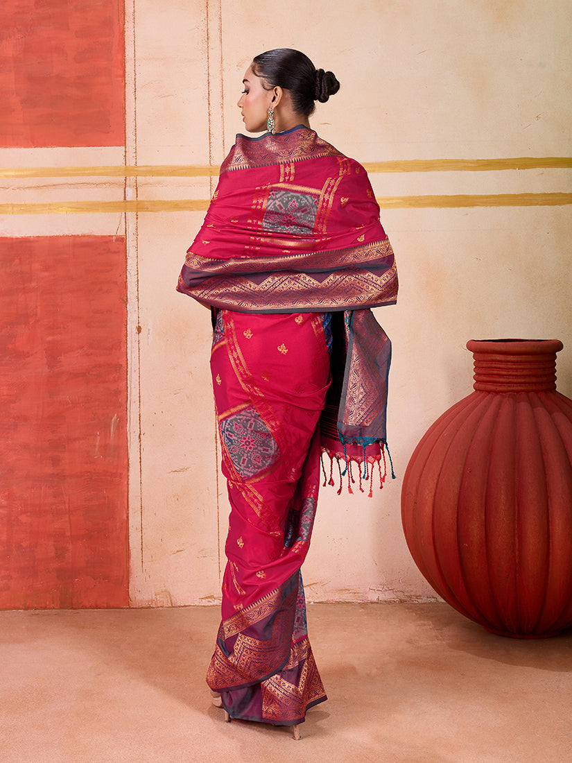 Rani Pink Handloom Silk Blend Woven Saree for Traditional Events