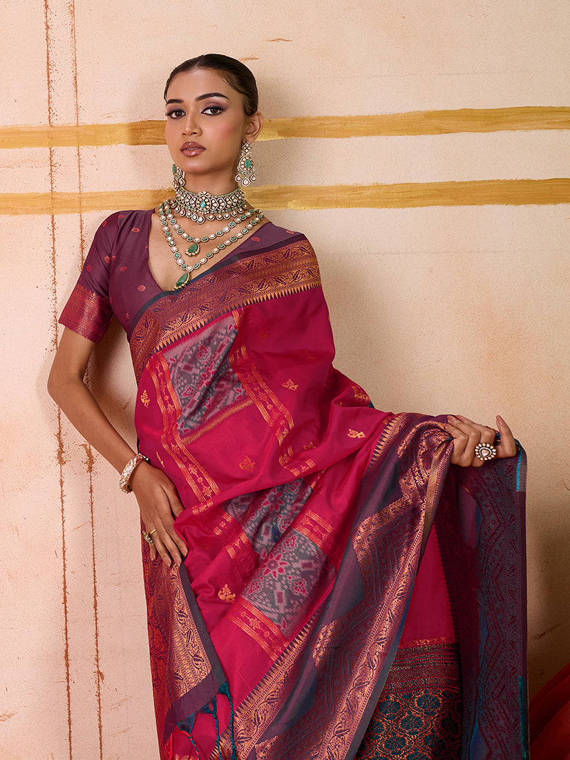 Rani Pink Handloom Silk Blend Woven Saree for Traditional Events