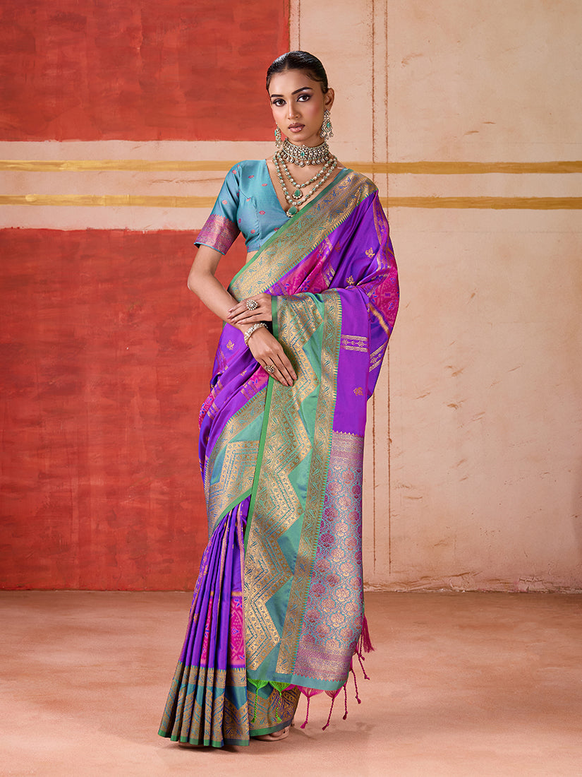 Purple handloom silk blend saree featuring detailed woven patterns