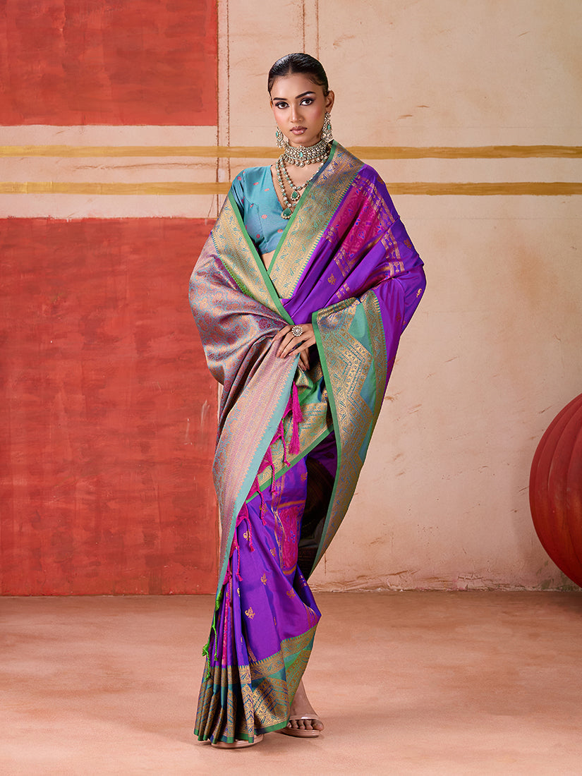 Purple Handloom Silk Blend Woven Traditional Saree