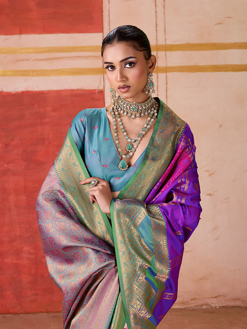 Purple Handloom Silk Blend Woven Traditional Saree