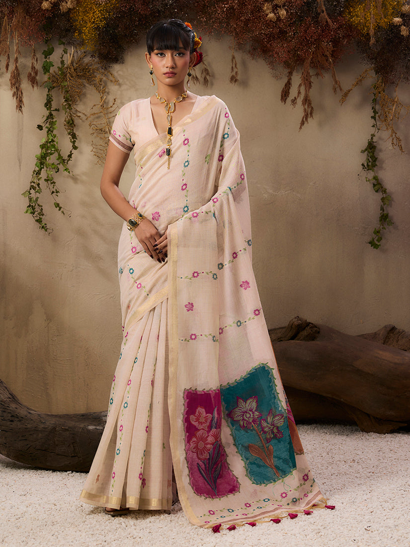 Close up of a cream handloom cotton blend saree featuring traditional ethnic weaving work