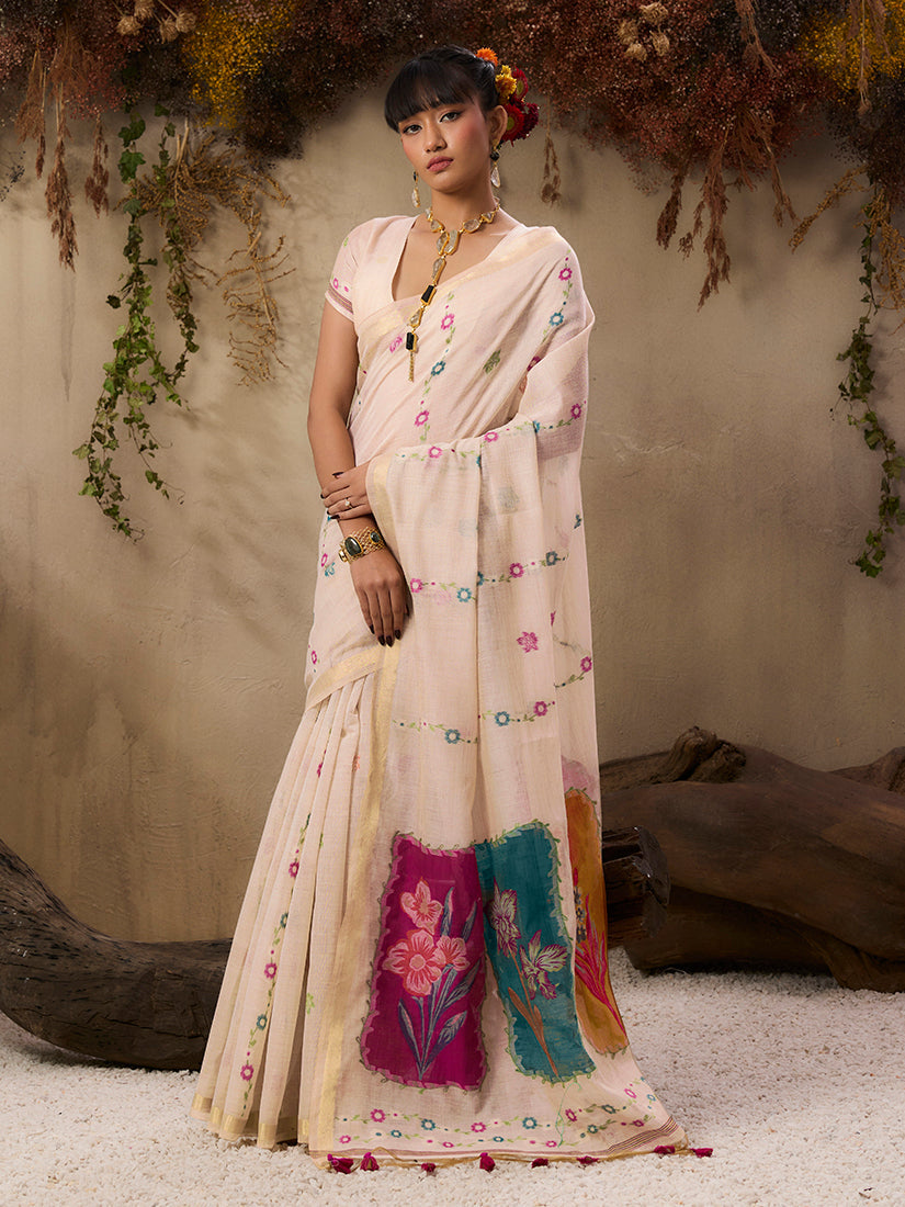 Cream Handloom Cotton Blend Saree with Traditional Weaving