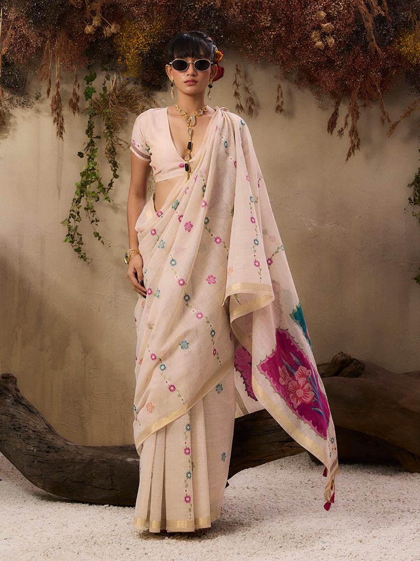 Cream Handloom Cotton Blend Saree with Traditional Weaving
