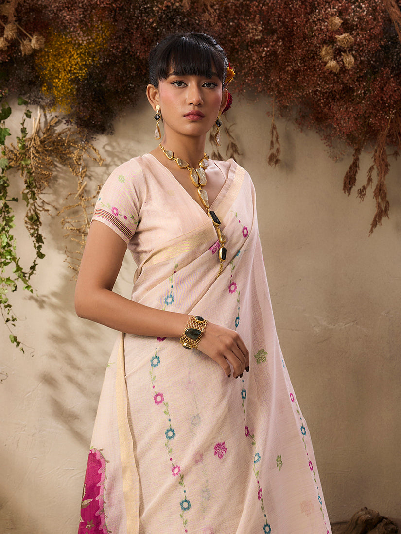 Cream Handloom Cotton Blend Saree with Traditional Weaving