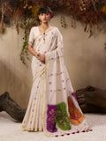 Sophisticated cream handloom cotton blend saree with ethnic woven border