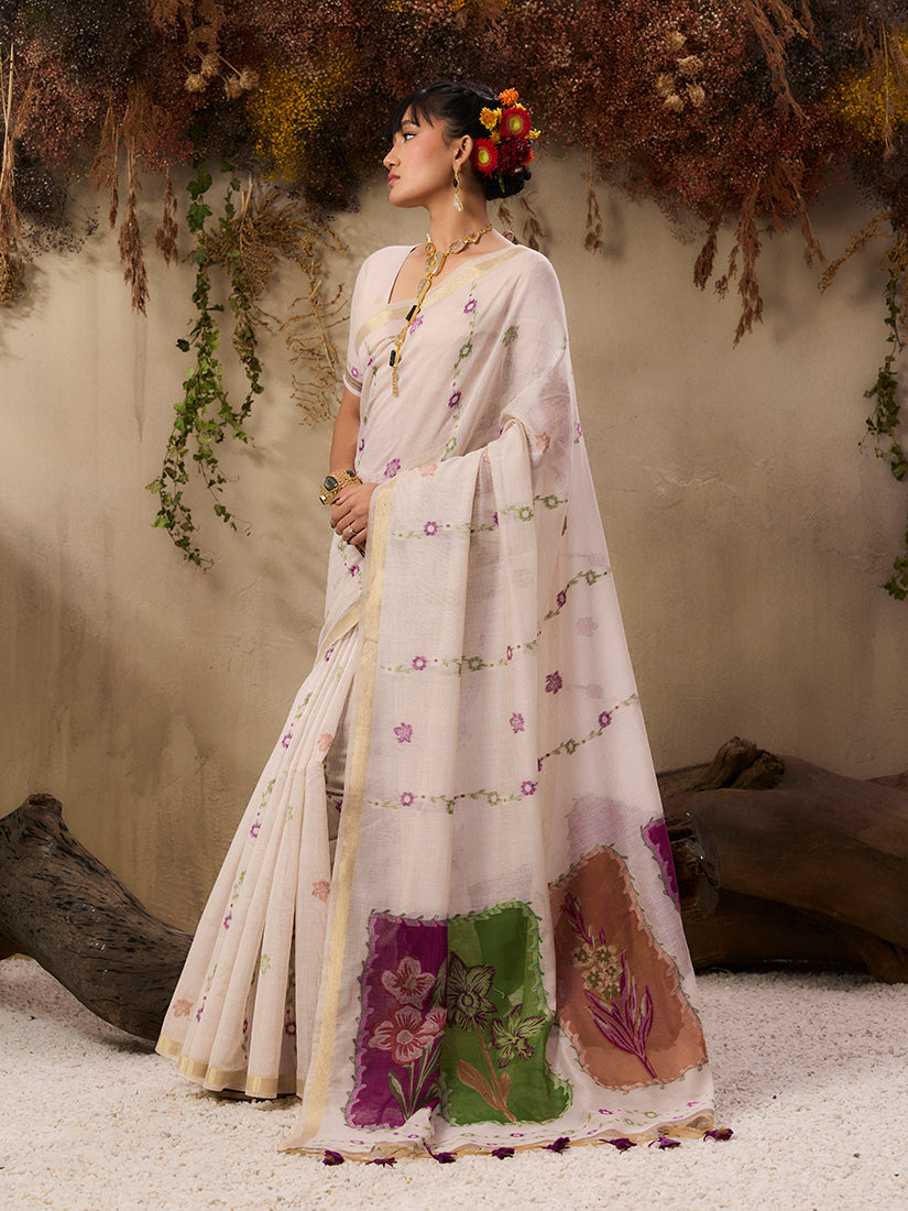Cream Handloom Cotton Blend Woven Saree for Classic Elegance