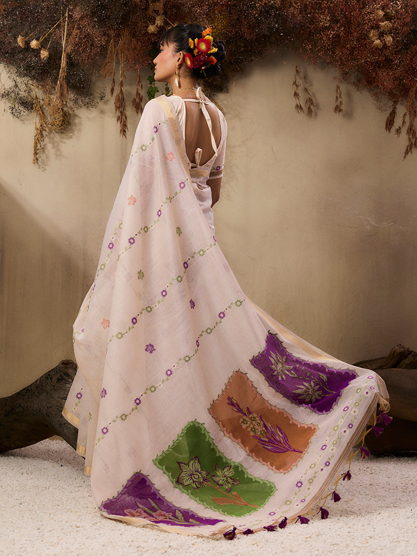 Cream Handloom Cotton Blend Woven Saree for Classic Elegance