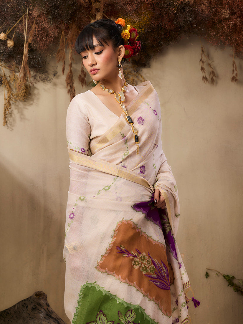 Cream Handloom Cotton Blend Woven Saree for Classic Elegance
