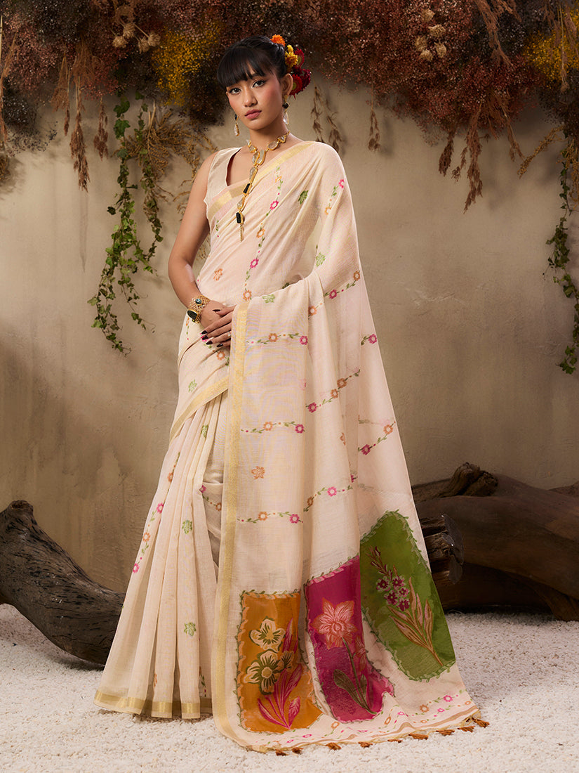 Elegant cream-colored handloom cotton blend saree featuring detailed ethnic weave patterns.