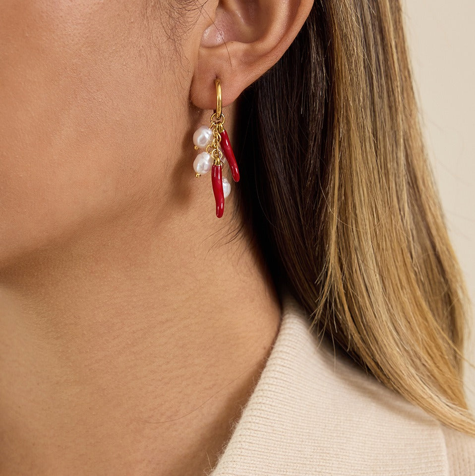 18K Gold Chili Pepper and Pearl Dangle Earrings Lightweight