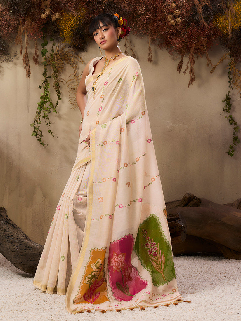 Cream Handloom Cotton Blend Woven Saree with Ethnic Design