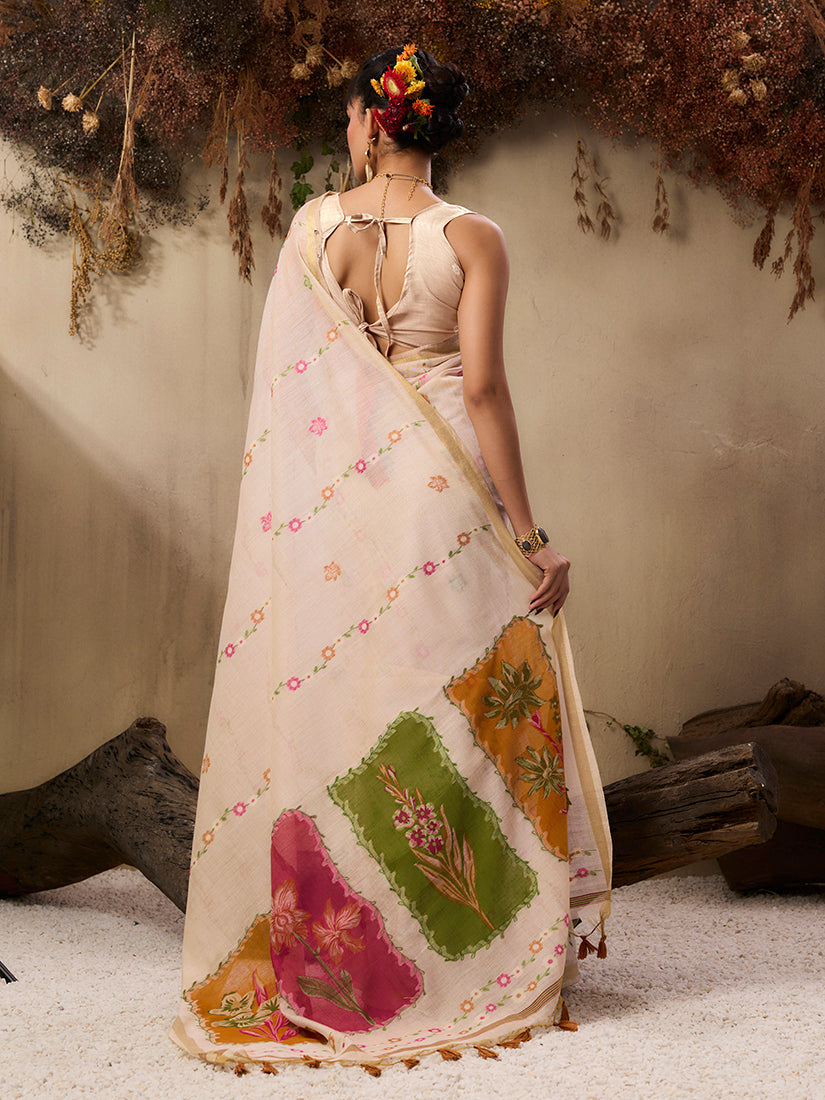 Cream Handloom Cotton Blend Woven Saree with Ethnic Design