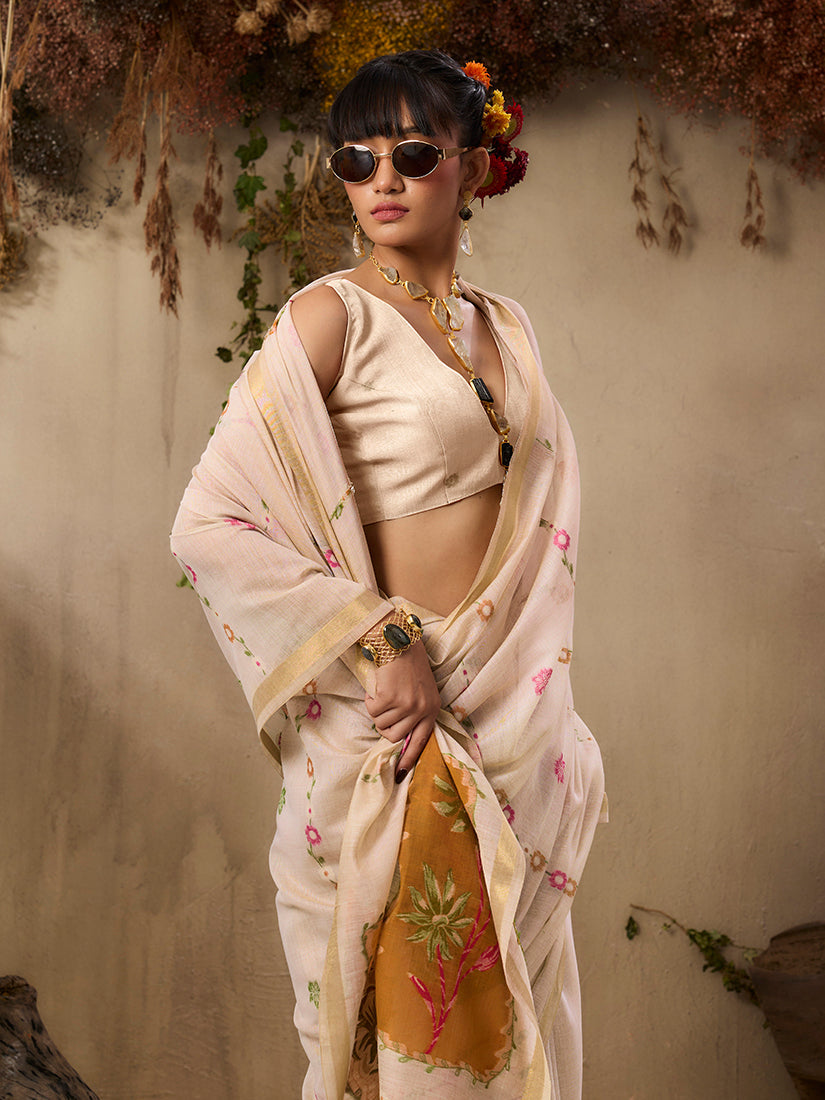 Cream Handloom Cotton Blend Woven Saree with Ethnic Design
