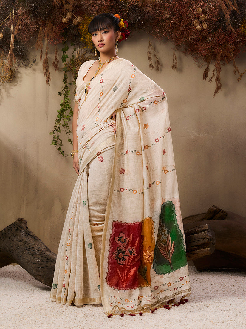 Cream Handloom Cotton Blend Woven Saree for Ethnic Elegance