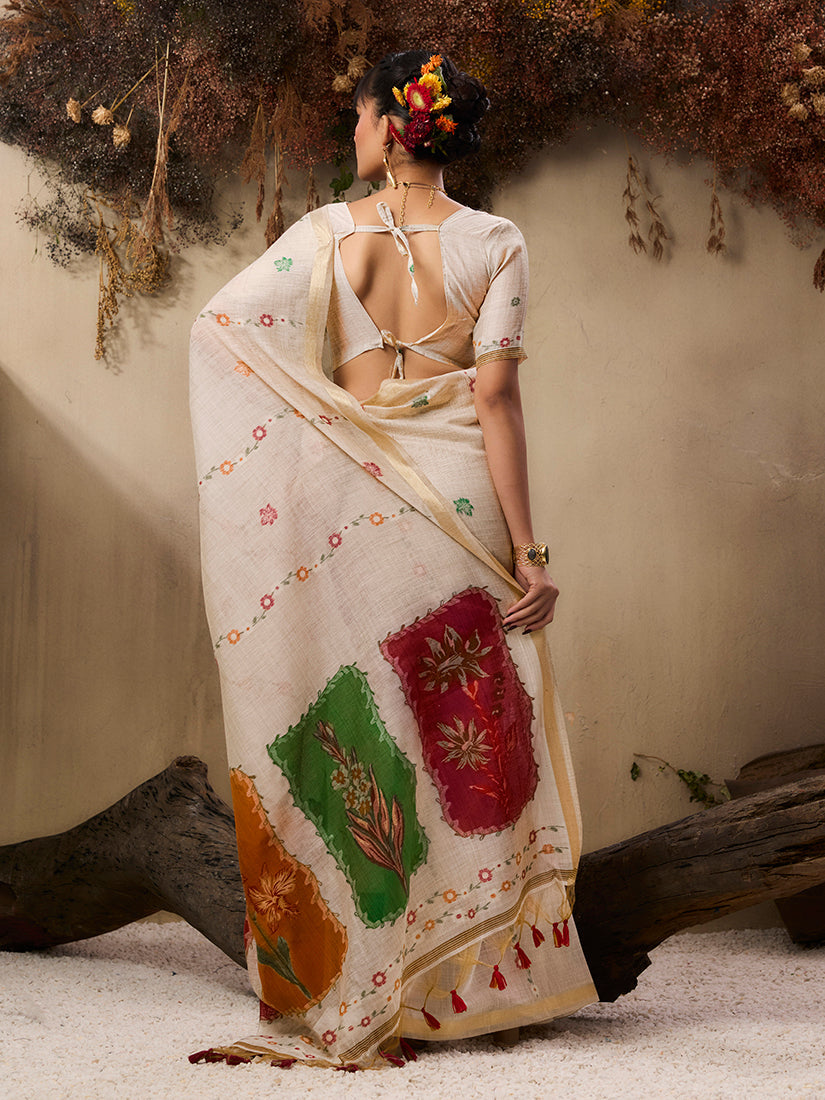 Cream Handloom Cotton Blend Woven Saree for Ethnic Elegance