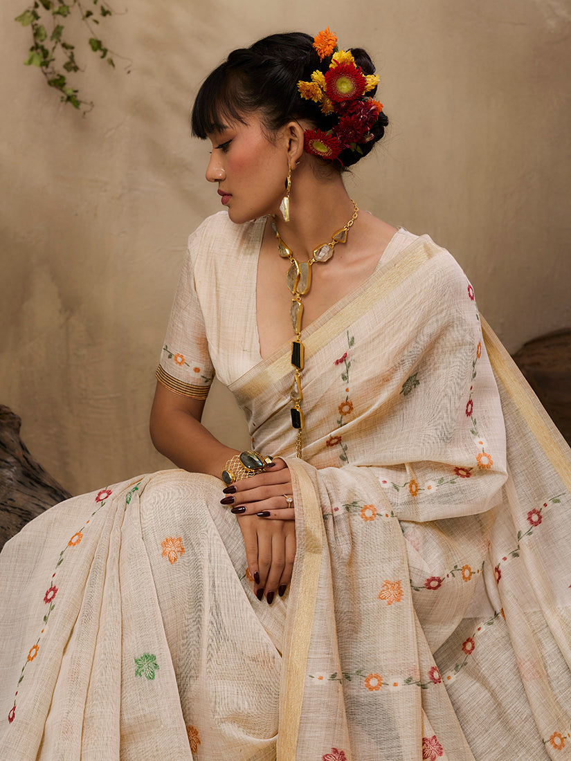 Cream Handloom Cotton Blend Woven Saree for Ethnic Elegance
