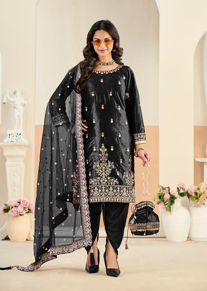 Black Velvet Patiala Salwar Suit with Resham and Sequins Embroidery