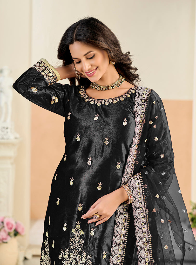 Black Velvet Patiala Salwar Suit with Resham and Sequins Embroidery