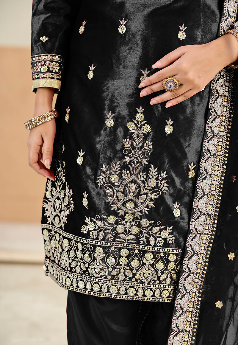 Black Velvet Patiala Salwar Suit with Resham and Sequins Embroidery
