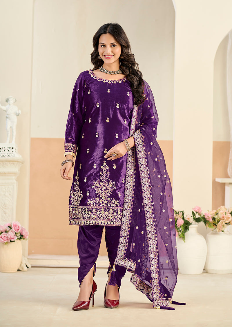 Purple Velvet Embroidered Salwar Kameez for Festive Occasions