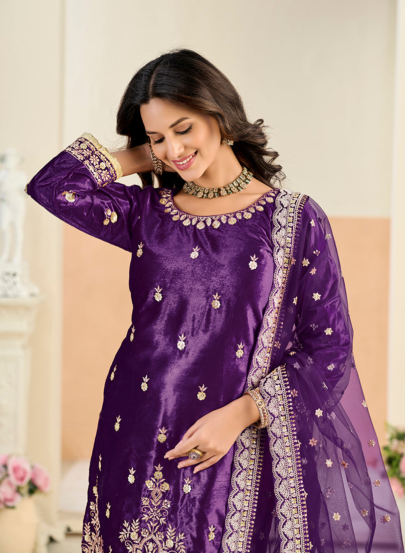 Purple Velvet Embroidered Salwar Kameez for Festive Occasions