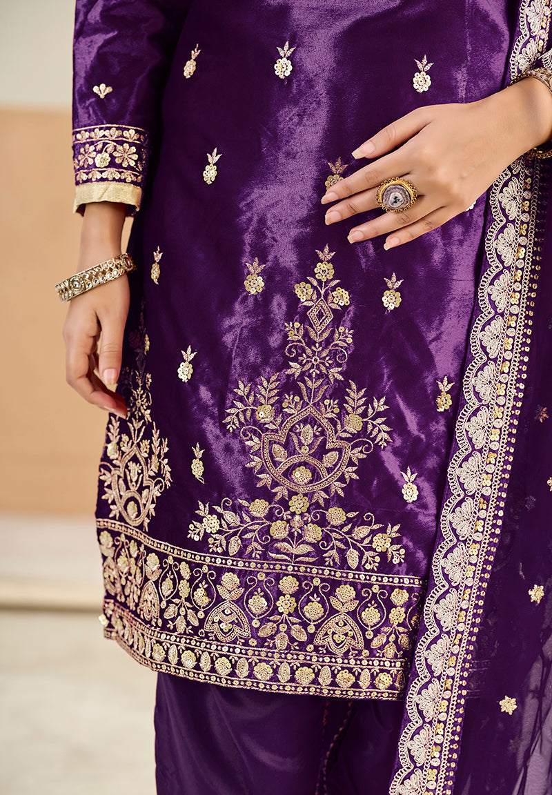 Purple Velvet Embroidered Salwar Kameez for Festive Occasions
