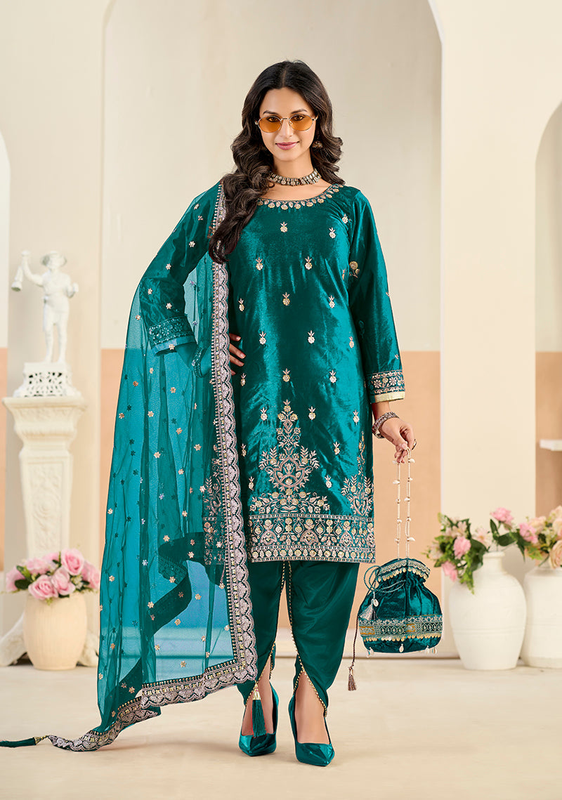 Teal Velvet Embroidered Salwar Kameez Suit