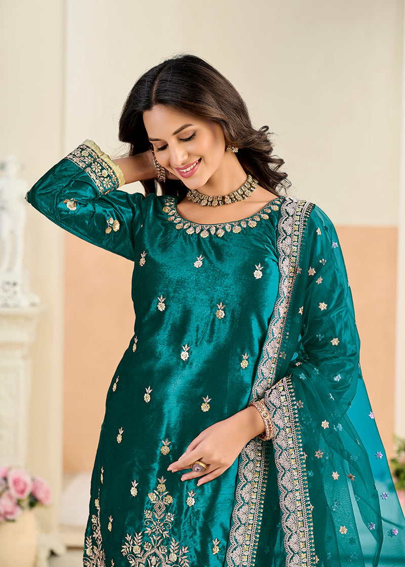 Teal Velvet Embroidered Salwar Kameez Suit