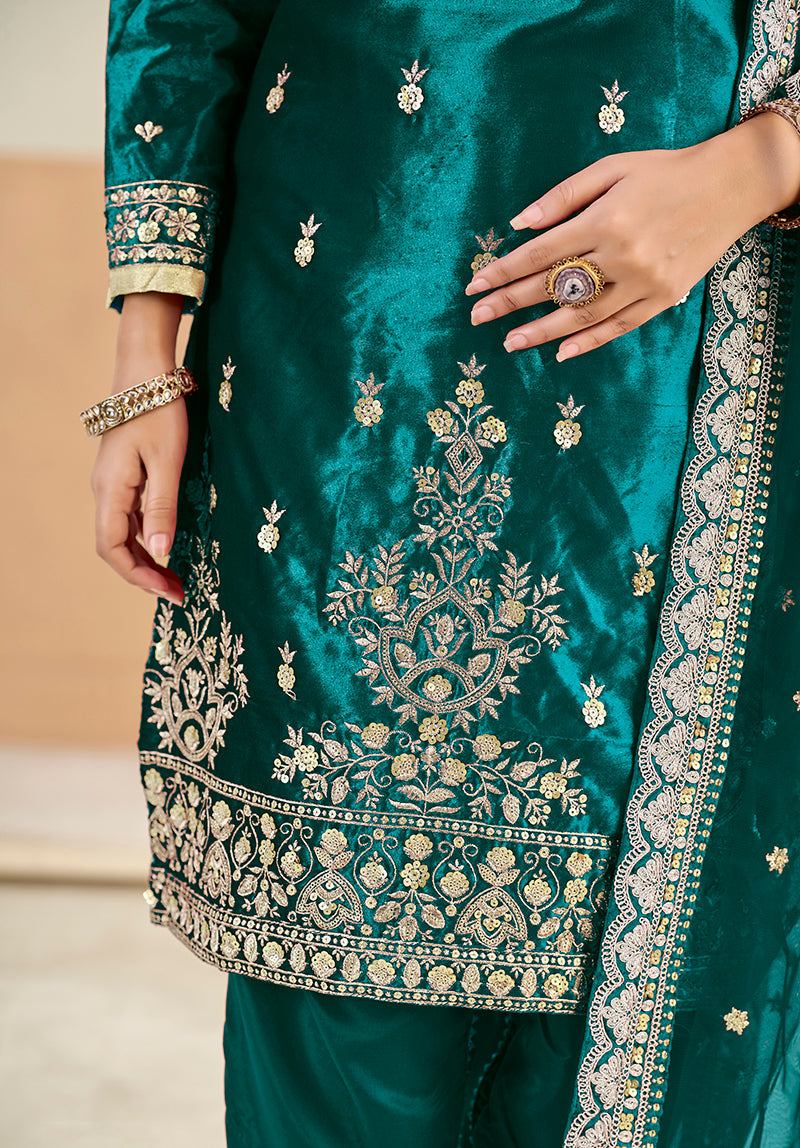 Teal Velvet Embroidered Salwar Kameez Suit