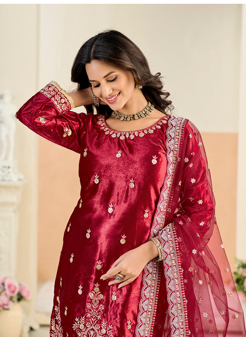 Maroon Velvet Embroidered Salwar Kameez with Sequins