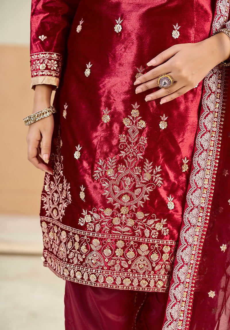 Maroon Velvet Embroidered Salwar Kameez with Sequins