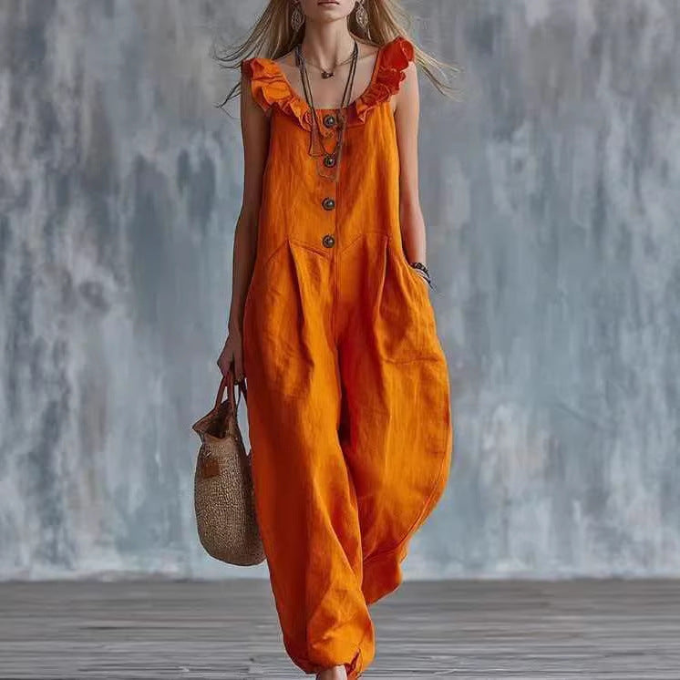 Women's Sleeveless Ruffled Button-Down Wide Leg Tank Jumpsuit - Image 3