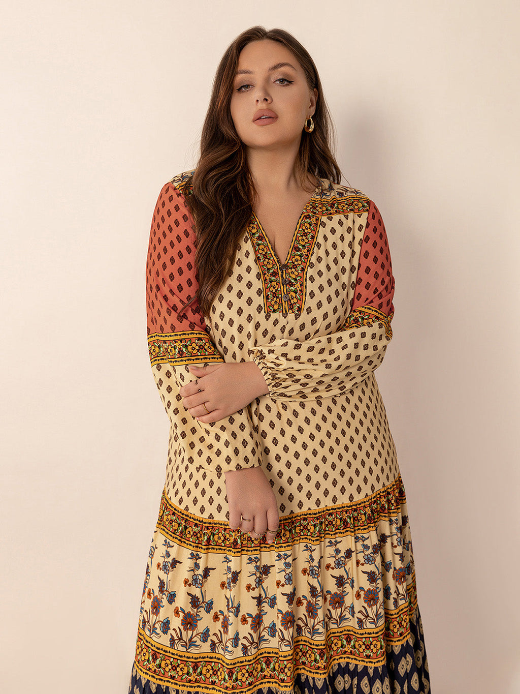 Printed V-Neck Long Sleeve Maxi Dress | Bohemian A-Line