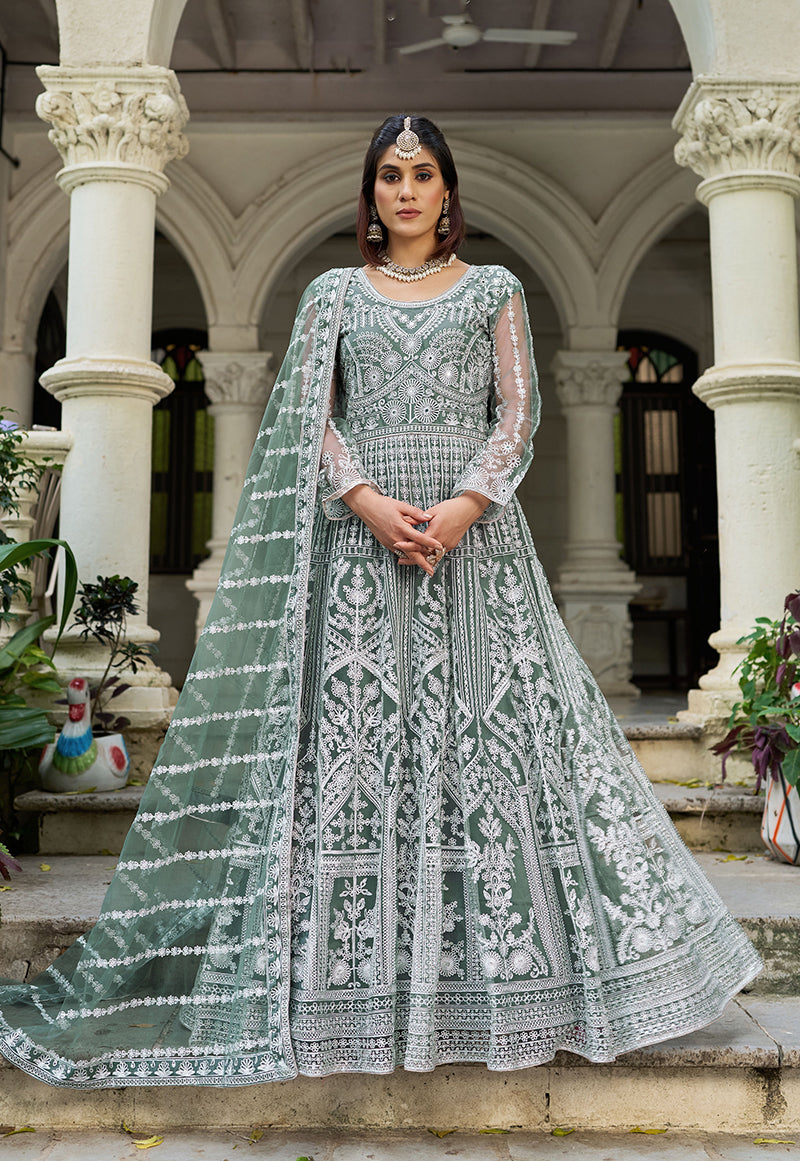 Sea Green Embroidered Net Gown with Dupatta for Festive Occasions
