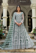 Sea Green Embroidered Net Gown with Dupatta for Festive Occasions