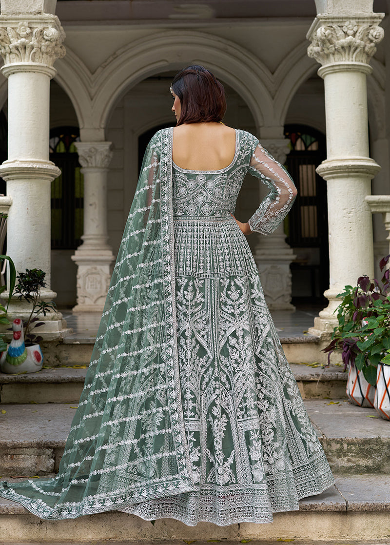 Sea Green Embroidered Net Gown with Dupatta for Festive Occasions