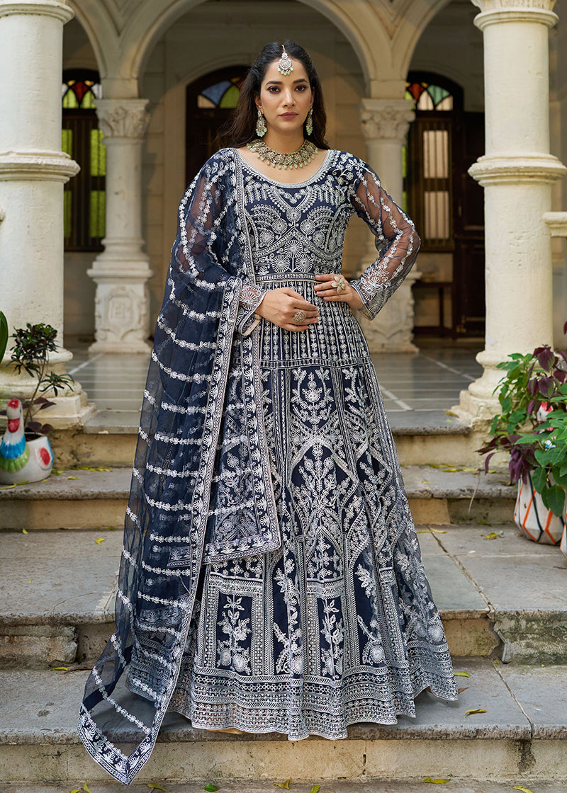 Monjolika Fashion Navy Blue Embroidered Net Gown worn with matching dupatta