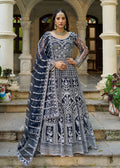 Monjolika Fashion Navy Blue Embroidered Net Gown worn with matching dupatta